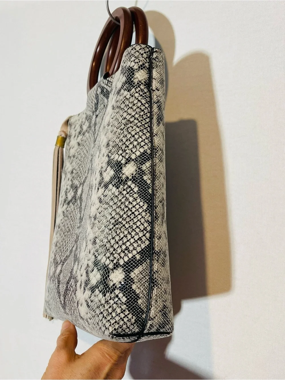 Street Level Nela Snakeskin Print Ring Handle Satchel Bag Grey Black